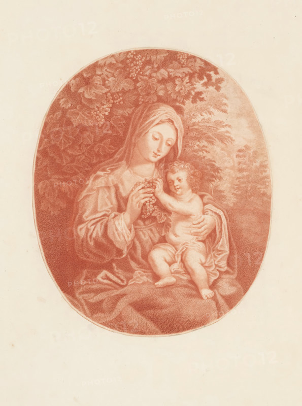 Mary with Child, print, album page, A landscape with the Virgin Mary with the Christ Child on her lap. They are sitting under a grapevine and Mary has a bunch of grapes in her hands., printmaker: William Baillie, after painting by Hans Rottenhammer (I), 1753 - 1810, paper, crayon manner, stippling, etching, stippling and etching, printed in red, pasted onto album page, height 224 mm x width 185 mm, Madonna: ie Mary with the Christ-child, An oval sepia-toned drawing centered on a pale background shows a seated woman wearing a draped garment and a head covering, holding a nude toddler on her lap; the woman looks downward toward the child while holding a small cluster of grapes that the child reaches for, and behind them there are leafy branches and foliage filling the upper portion of the oval.