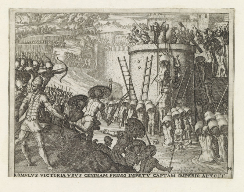Romulus takes the city of Caenina, Romulus victoria, imperio aducit, Life of Romulus and Remus, print, album page, Series number, 14, 27, After Romulus has defeated King Acron, he takes his city of Caenina. Romulus' soldiers try to climb over the city walls. Soldiers from Caenina try to defend their city., printmaker: Giovanni Battista Fontana, Italy, after design by Giovanni Battista Fontana, 1572 - 1573, Giovanni Battista Fontana, printmaker, paper, etching, height 135 mm x width 180 mm, (story of) Romulus and Remus, Rome at war with the neighboring nations, A detailed black and white engraving shows a chaotic siege scene with armored soldiers, archers, and figures climbing ladders against a tall rounded tower. In the foreground, helmeted men with shields and spears stand and kneel near the water's edge while others wade into the water toward the tower base. On the tower's top and ramparts, groups of combatants push, pull, and fight with shields and long poles. To the left, ranks of ...