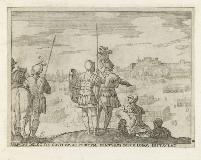 Romulus delectis, disciplinam instaurat, Romulus appoints centurions, Life of Romulus and Remus, print, album page, Series number, 21, 27, Romulus, seen from behind, appoints centurions (Roman army commanders) and looks over his army., printmaker: Giovanni Battista Fontana, Italy, 1572 - 1573, paper, etching, height 136 mm x width 180 mm, Original print 23 in the series., the soldier, the soldier's life, (story of) Romulus and Remus, A monochrome engraving showing a group of armored figures on a hill overlooking a battlefield and distant fortified town, with two central figures standing with their backs to the viewer wearing helmets, segmented armor, and shields while holding long spears, flanked by a mounted figure and other armored men, one of whom kneels and gestures toward the scene below; the landscape is composed of patterned fields and formations of small marching soldiers arranged in rectangular blocks, dotted with tiny human figures, and a skyline of a castle-like town on roll...