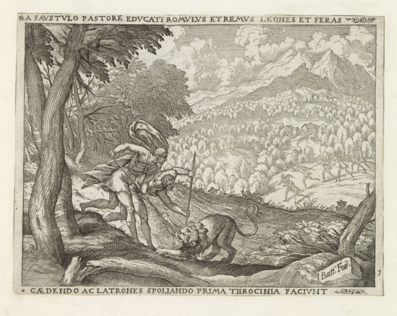Faustulo pastore educati, Tiirocinia faciunt, Romulus and Remus fighting a lion, Life of Romulus and Remus, print, album page, Romulus and Remus, who were raised by the shepherd Faustulus and his wife Acca Larentia, fighting a lion. In the background a vast landscape with a hunting scene., printmaker: Giovanni Battista Fontana, Italy, 1572 - 1573, paper, etching, height 136 mm x width 181 mm, beasts of prey, predatory animals: lion, landscapes, (story of) Romulus and Remus, when Romulus and Remus are older they go hunting, A detailed black and white engraving shows a wooded foreground with large, textured tree trunks and branches framing the scene, a cloaked figure leaning forward with a staff over another crouched figure who holds a spear, a lion facing the foreground with a mane and raised paw, rolling hills filled with clustered trees extending into the midground, a group of small, running human figures on a slope, a winding path or river cutting through the landscape, distant mount...