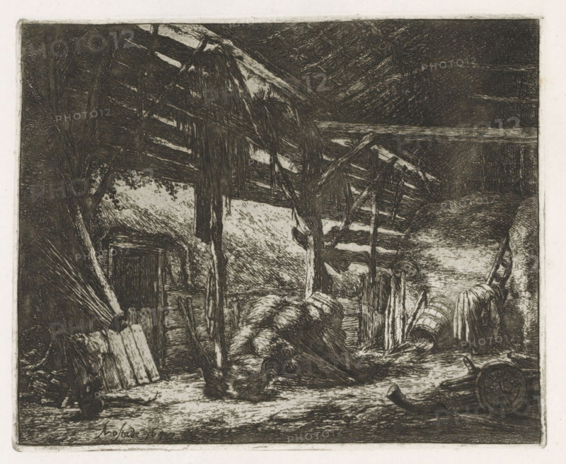 Interior of a hay barn, print, album page, On the right a woman bending forward. This print is part of an album., printmaker: Adriaen van Ostade, Haarlem, 1647, 1846 - 1900, paper, etching, height 160 mm x width 195 mm, height 355 mm x width 262 mm, hay-stack, barn - AA - civic architecture: inside, bending figure - AA - female human figure, A monochrome etching depicts a cluttered rustic interior with a slatted roof supported by rough wooden beams and posts, a suspended bundle or draped material hanging from a beam, scattered boards and planks leaning against posts, rounded sacks or bales piled on the floor, a large wooden wheel or barrel lying on its side, a handful of long thin objects standing upright that resemble stalks or bundled reeds, and a textured floor showing strawlike debris and shadows beneath the structural elements.