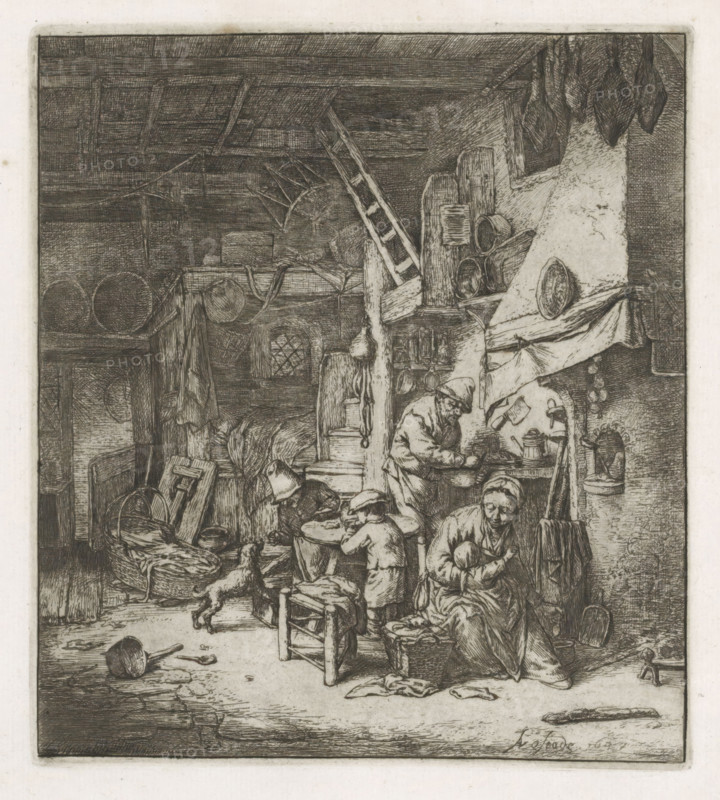 Peasant family in an interior, print, album page, The farmer's wife is looking after a small child, while a boy eats at the table. Another boy plays with a dog. On the left, a dog in front of a cradle. This print is part of an album., printmaker: Adriaen van Ostade, Haarlem, after design by Adriaen van Ostade, 1647, 1846 - 1900, Adriaen van Ostade, printmaker, paper, etching, height 180 mm x width 158 mm, height 354 mm x width 262 mm, interior of the house, family life, A detailed black and white etching shows an interior cluttered with household objects and people. Wooden beams and a ladder are visible in the ceiling area, with hanging items and barrels stacked on shelves. A table with small children seated around it occupies the center, one child leaning on the table and another seated on a stool. An older person sits nearby holding an object in their arms, wrapped in layered clothing and head covering. Nearby, a figure stands at a counter or shelf arranging bowls and containers, wit...