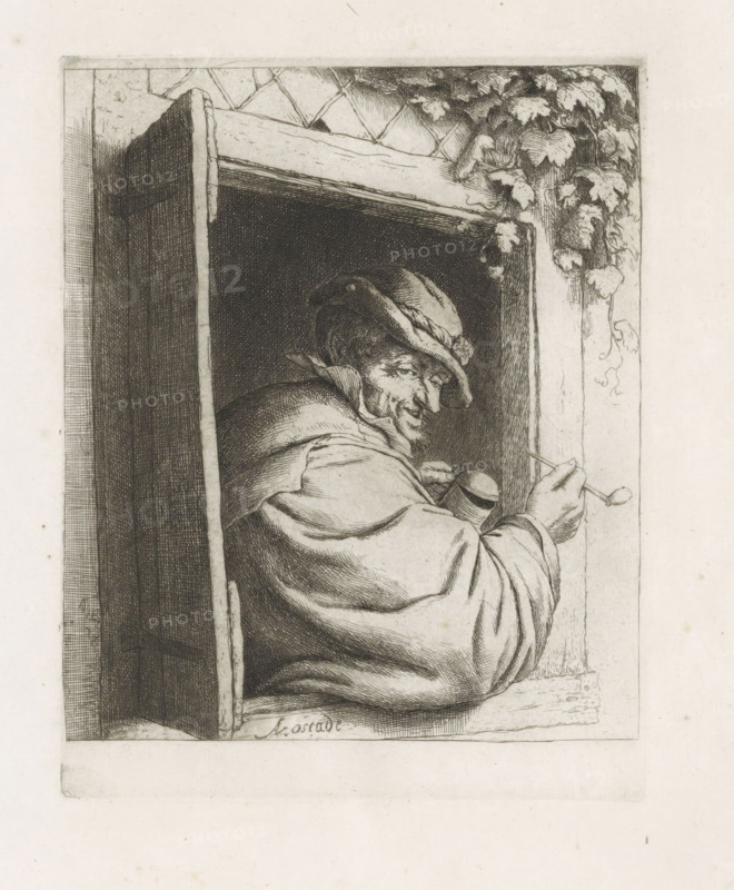 Smoking man in a window opening, print, album page, Man with a pipe and a drinking cup in a window opening with a shutter opening outwards. This print is part of an album., printmaker: Adriaen van Ostade, Haarlem, 1648 - 1650, 1846 - 1900, paper, etching, intaglio printmaking technique, etching with plate tone, height 200 mm x width 157 mm, height 355 mm x width 262 mm, adult man, pipe, tobacco, open window, A monochrome etching shows a person seen from the side leaning out of a window opening with a thick frame; the figure wears a wide-brimmed hat with folds and a cloak with heavy drapery lines, and the face is turned back toward the viewer with a visible profile and a slight smile; one hand holds a small round container while the other extends outward holding a slender spoonlike implement; the window surround includes textured wood grain and a lattice pattern at the top, and foliage with clustered leaves drapes down the right side of the opening.