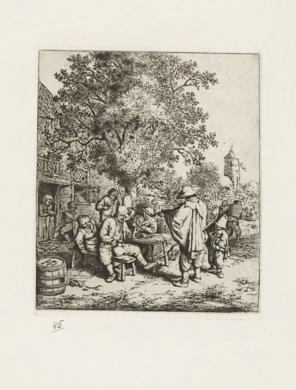 Interior of a hay barn, print, album page, The print is part of a portfolio., collector's mark: 'B', printmaker: Adriaen van Ostade, Haarlem, after design by Adriaen van Ostade, supervision: EH Kok, printer (person): J. Scheffer, printer (person): Enschedé & Zn., Johan, 1647, 1941, Adriaen van Ostade, EH Kok, J. Scheffer, Enschedé & Zn., printmaker, supervision, printer (person), paper, etching, galvanized, etching printed from a galvanized plate, height 158 mm x width 194 mm, barn, hay-stack, A detailed black and white etching shows a group of people gathered outdoors beneath a large leafy tree next to a building with a thatched roof and timbered walls; several seated figures sit around a wooden table and stools while others stand nearby wearing cloaks and wide-brimmed hats, and a child stands close to one of the standing adults; a barrel rests on the ground at the front left and a cluster of buildings including a tower appears in the distant background, with foliage and a rough groun...