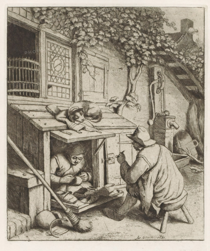 Shoemaker in a shop in front of his house and a customer, print, album page, A shoemaker sits in a small shop in front of his house, a customer waits sitting on a stool for the repair of a shoe. On the low roof of the shop lies a sleeping dog. The print is part of a portfolio., collector's mark: 'B', printmaker: Adriaen van Ostade, Haarlem, after drawing by Adriaen van Ostade, supervision: EH Kok, printer (person): J. Scheffer, printer (person): Enschedé & Zn., Johan, 1671, 1941, Adriaen van Ostade, EH Kok, J. Scheffer, Enschedé & Zn., printmaker, after drawing by, supervision, printer (person), paper, etching, galvanized, etching printed from a galvanized plate, height 189 mm x width 149 mm, shoemaker, cobbler, A detailed monochrome etching shows an interior courtyard scene with two seated men working at a small wooden stall while a curled cat rests on the stall's top; one man sits on a low stool facing the stall and holds a small object near his face while wearing a broad-brimmed hat...
