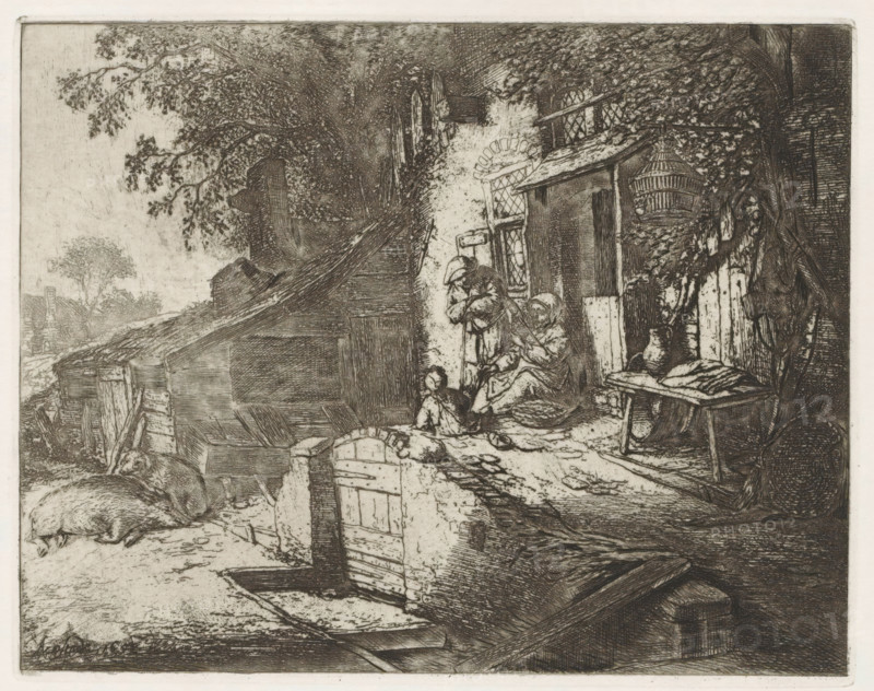 Woman spinning in front of a house, print, album page, In the yard in front of a house, a woman is sitting spinning. Next to her stands a man with one hand tucked into his shirt. A child is playing on the ground. Two pigs are resting in front of a stable, and against the facade of the house stand various household items such as a broom and a wicker basket. The print is part of a portfolio., collector's mark: 'B', printmaker: Adriaen van Ostade, Haarlem, after design by Adriaen van Ostade, supervision: EH Kok, printer (person): J. Scheffer, printer (person): Enschedé & Zn., Johan, 1652, 1941, Adriaen van Ostade, EH Kok, J. Scheffer, Enschedé & Zn., printmaker, supervision, printer (person), paper, etching, galvanized, etching printed from a galvanized plate, height 138 mm x width 177 mm, mother and baby or young child, spindle, A detailed monochrome etching shows an exterior scene with a rough stone and timber building partially covered by foliage, a worn doorway with a small gate, and ...