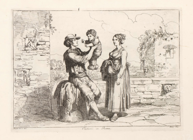 Costumes in Rome, Family from Rome, Nuova raccolta di cinquanta costumi de contorni di Roma, Costume prints with figures from Rome and the surrounding area, print, album page, A young man and a young woman stand before a stone wall. The man lifts up a child wrapped in cloths., printmaker: Bartolomeo Pinelli, Rome, 1819, paper, etching, height 204 mm x width 283 mm, This print is part of a series of 50 prints. The series consists of costume prints and depictions of bandits., folk costume, regional costume, city-view, and landscape with man-made constructions, A monochrome line drawing shows a man seated on a low wall holding a small child up toward his face while a woman stands nearby facing them; the man wears a wide-brimmed hat, a loose shirt with rolled sleeves, and breeches with a cloak draped over the wall behind him, the child is dressed in a short gown and reaches toward the man's face, and the woman wears a long dress with a wrapped bodice and a shawl or bundle held at her waist...