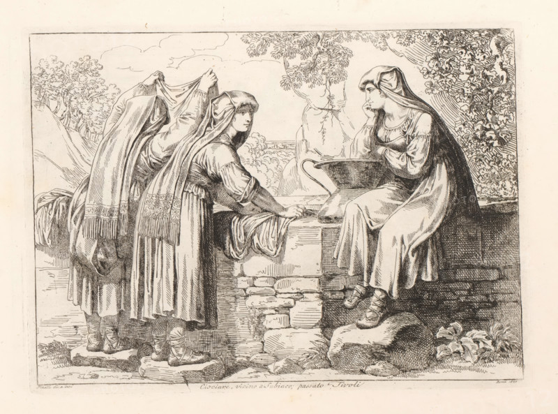 Washing women, Ciociare, vicino a Subiaco, passato Tivoli, Costume prints with figures from Rome and the surrounding area, Nuova raccolta di cinquanta costumi de contorni di Roma, print, album page, Three women from the Ciociaria area wash cloths at a well., printmaker: Bartolomeo Pinelli, Rome, 1820, paper, etching, height 205 mm x width 282 mm, This print is part of a series of 50 prints. The series consists of costume prints and depictions of bandits., folk costume, regional costume, laundering, city-view, and landscape with man-made constructions, well, container of metal: bucket, can, canister, drum, tin, Latium, A detailed monochrome drawing shows three women in long flowing garments and head coverings gathered around a stone well; two women stand with one adjusting a cloth over the other's head while the third sits on the well's edge resting her chin on her hand and looking toward the standing women; a large pitcher sits beside the seated woman on the well edge and draped fabric...