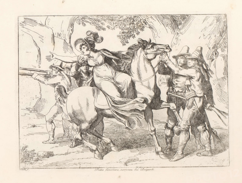 Woman being robbed, Dama forastiera, sorpresa dei Briganti, Nuova raccolta di cinquanta costumi de contorni di Roma, Costume prints with figures from Rome and the surrounding area, print, album page, A woman is sitting on a horse and is being robbed by a group of men with guns., printmaker: Bartolomeo Pinelli, Rome, 1819 - 1823, paper, etching, height 200 mm x width 276 mm, This print is part of a series of 50 prints. The series consists of costume prints and depictions of bandits., folk costume, regional costume, horse, traveller(s) attacked by robber(s), robbery, A detailed line drawing shows a woman seated sidesaddle on a rearing horse, her flowing dress and cloak draped over the horse's hindquarters and her hair gathered under a brimmed hat with a plume, her arm extended outward and a hand near her chest. The horse's head is turned to the side with its mane flowing, and its front legs are lifted. Several men surround them; two men in brimmed hats stand on the right, one holding the...