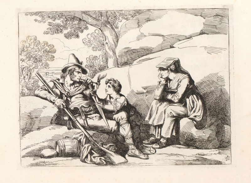 Famiglia Brigantesca, Resting bandits, Nuova raccolta di cinquanta costumi de contorni di Roma, Costume prints with figures from Rome and the surrounding area, print, album page, A family of bandits resting in a landscape. The man is smoking a pipe and the child is drawing a dagger from its sheath., printmaker: Bartolomeo Pinelli, Rome, 1819 - 1823, paper, etching, height 204 mm x width 271 mm, This print is part of a series of 50 prints. The series consists of costume prints and depictions of bandits., folk costume, regional costume, scabbard, sheath, robber, A pen and ink scene of three figures seated on rocks beneath a tree with leafy branches, showing a man wearing a wide-brimmed hat and a loose shirt with a sash, holding a long musket and smoking a pipe while a young boy kneels beside him offering a small object and looking up at him, and a woman seated with her head resting on her hand and a cloth draped over her hair and shoulders, all surrounded by rolling rock forms and distan...