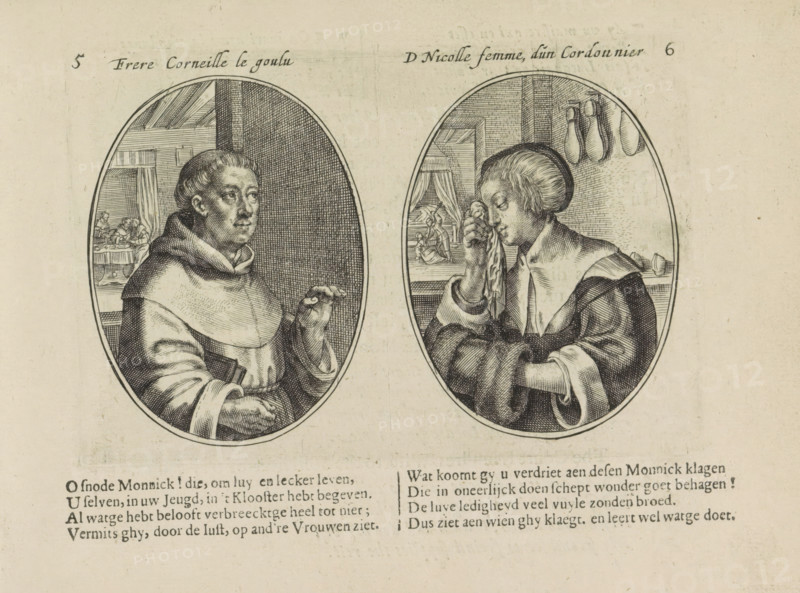 Brother Corneille the Greedy, D Nicolle woman, of a shoemaker, Monk and shoemaker's wife, Marriage abuses, print, album page, Series number, 5-6, 50, Two scenes on an album page. On the left, the fictional portrait of a monk named Cornelis the Greedy. Under his arm he has a book. In the background, a man and woman are sitting at a set table. On the right, a weeping shoemaker's wife being beaten by her husband. Below that two quatrains in Dutch., printmaker: Crispijn van de Passe (II), Amsterdam, 1641, paper, engraving, letterpress printing, text in letterpress, height 94 mm x width 139 mm, couple of lovers, male sex, man, female sex, woman, adultery, dominating husband, Two oval engraved portraits side by side on aged paper, each showing a bust of a person in historical clothing framed by an oval border. The left portrait shows a person with short hair wearing a hooded robe and a layered garment, facing slightly to the right with one hand raised and the other holding a book; a small in...