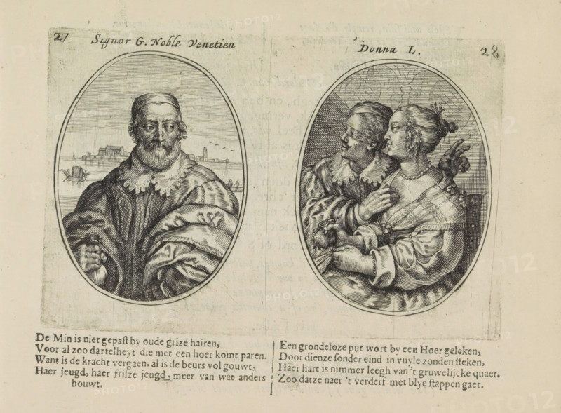 Signor G. noble Venetien, Donna L., Nobleman from Venice and his wife Leonella, Les abus du mariage, print, album page, Series number, 27-28, 50, Two depictions on an album page. On the left, a bearded older man with a money bag in his hand. In the background, the city of Venice and a gondola. On the right, his wife Leonella with a money bag together with another man. Below that two quatrains in Dutch., printmaker: Crispijn van de Passe (II), Amsterdam, 1641, paper, engraving, letterpress printing, text in letterpress, height 96 mm x width 146 mm, couple of lovers, city-view, and landscape with man-made constructions, male sex, man, gondola, female sex, woman, unequal couple, ill-matched couple, adultery, Venice, An aged printed page showing two oval engraved portraits side by side, the left portrait depicting an older bearded man wearing a fur-lined cloak and holding a walking stick with a distant waterfront and small boats visible behind him, the right portrait showing a seated coupl...