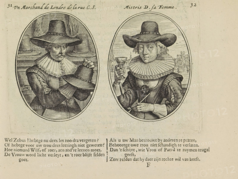 A London merchant from C.S. Street, Mistris D. his wife, English merchant and his wife, Marriage abuses, print, album page, Series number, 31-32, 50, Two depictions on an album page. On the left, the fictional portrait of a merchant from London. He deals in hats, boots, and gloves. On the right, his wife with a wine glass and tobacco pipe. In the background, the city of London and the Thames. Below that two quatrains in Dutch., printmaker: Crispijn van de Passe (II), Amsterdam, 1641, paper, engraving, letterpress printing, text in letterpress, height 98 mm x width 144 mm, head-gear, city-view, and landscape with man-made constructions, pipe, tobacco, male sex, man, glass of wine, female sex, woman, Two oval engravings side by side depict seated figures wearing wide-brimmed hats and large ruffled collars; the left figure is a man with a mustache holding a hat in his hands and wearing a jacket with decorative sleeves, while the right figure is a woman holding a goblet and a small object ...