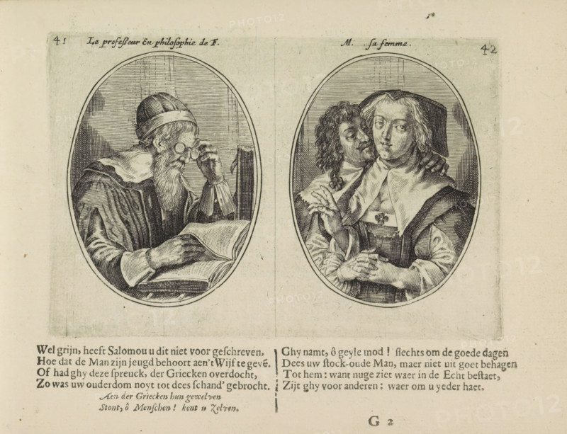 Professor in Philosophy and His Wife, La professeur en philosophie de F., M. sa femme, The Abuses of Marriage, print, album page, Series number, 41-42, 50, Two scenes on an album page. On the left, an old man, a professor of philosophy. With glasses on his nose, he is reading a book lying on the table in front of him. With his right hand, he turns the page. On the right, his wife with another younger man. Below that two quatrains in Dutch., printmaker: Crispijn van de Passe (II), Amsterdam, 1641, paper, engraving, letterpress printing, gravure, text in letterpress, height 96 mm x width 142 mm, couple of lovers, book - MM - book open, male sex, man, eyeglasses, spectacles, female sex, woman, unequal couple, ill-matched couple, adultery, A printed sheet shows two oval-framed engraved portraits side by side on a light paper background, the left oval containing an older bearded man wearing a rounded cap and a fur-lined robe, holding a pair of spectacles to his eyes with one hand while the ...