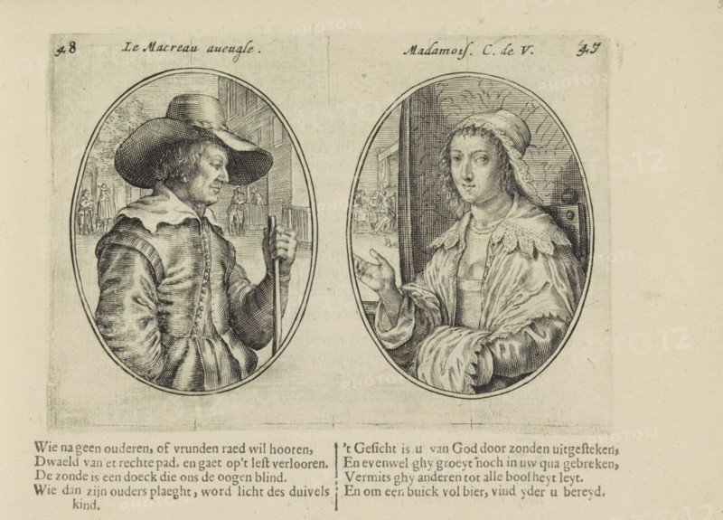 The blind man, Madamois. C. de V., Blind matchmaker and young lady, Marriage abuses, print, album page, Series number, 47-48, 50, Two depictions on an album page. On the left, a blind man as a matchmaker. In the background, talking with a gentleman and next to him, a lady. On the right, a young lady with a couple at a table in the distance. Below that, two quatrains in Dutch., printmaker: Crispijn van de Passe (II), Amsterdam, 1641, paper, engraving, letterpress printing, text in letterpress, height 97 mm x width 139 mm, couple of lovers, conversation, dialogue, conversation piece, male sex, man, female sex, woman, Two oval engraved portraits appear side by side on aged paper. The left oval shows a man in profile facing right wearing a wide-brimmed hat and a layered garment with a high collar, holding a staff with one hand and standing against a background that includes architectural elements and small distant figures. The right oval shows a woman facing slightly left with loose hair c...