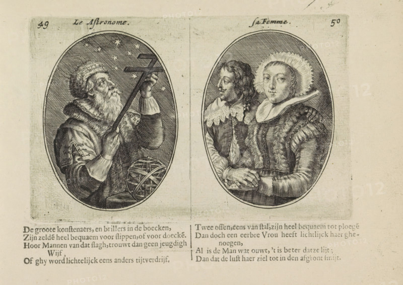 The astronomer, his wife, Astronomer and his wife, Marriage abuses, print, album page, Series number, 49-50, 50, Two depictions on an album page. On the left, an astronomer with an astrolabe and Jacob's staff. On the right, his younger wife with another younger man. Below that two quatrains in Dutch., printmaker: Crispijn van de Passe (II), Amsterdam, publisher: Crispijn van de Passe (II), 1641, Crispijn van de Passe (II), printmaker, publisher, paper, engraving, letterpress printing, gravure, text in letterpress, height 92 mm x width 144 mm, couple of lovers, male sex, man, armillary sphere, skeleton celestial globe, female sex, woman, astronomical instruments, unequal couple, ill-matched couple, adultery, The image shows two oval engravings side by side on a pale background. The left oval depicts an older bearded man wearing a fur hat and fur-trimmed coat, looking upward while holding an angular instrument and a sphere composed of intersecting rings; small star shapes are visible in ...
