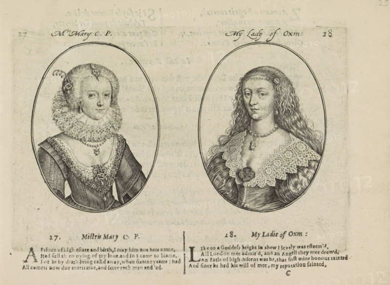 Mrs Mary CP, My Lady of Oxm., Portraits of the courtesans named Mistress Mary CP and Lady of Oxm., Miroir des plus belles courtisanes de ce temps, print, album page, Series number, 17-18, 40, Two depictions on an album page. On the left the courtesan Mary CP and on the right Lady of Oxm., from London. Below that two quatrains in English. The sheet is part of an album., printmaker: Crispijn van de Passe (II), Utrecht, 1635, writer (clerical worker), printer (person), paper, engraving, letterpress printing, text in letterpress, height 106 mm x width 158 mm, herding, herdsman, herdswoman, shepherd, shepherdess, cowherd, Two oval framed engraved portraits of women appear side by side on a pale textured background, each showing the sitter from the chest upward. The left portrait shows a woman wearing an ornate ruffled high collar and a dark dress decorated with patterned bands and a large jeweled pendant, her hair styled up with decorative hairpieces and a small curl at the forehead, and a ...