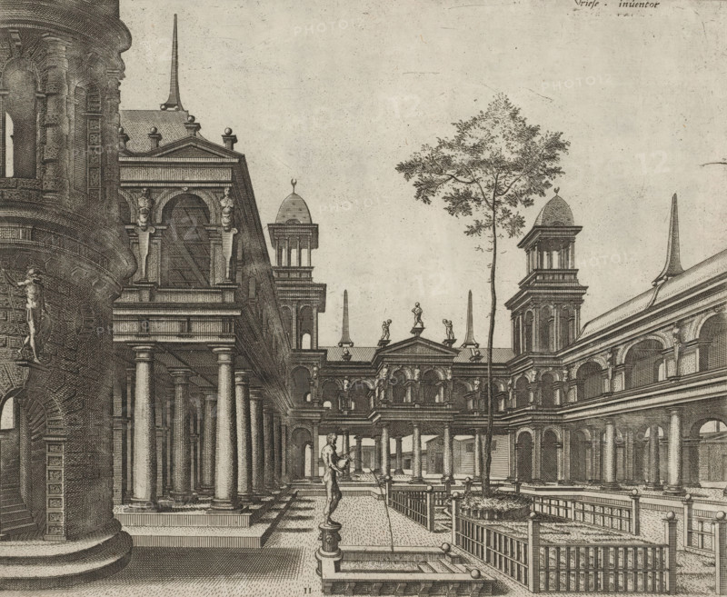 Courtyard surrounded by a colonnade in the Tuscan order, Variae architecturae formae, print, album page, ornamental print, Series number, 11, 20, Courtyard surrounded by a colonnade in the Tuscan order. On the left, the lower two floors of a stair tower are visible. In the foreground, a fountain with a statue of a man with a jug., printmaker: Johannes or Lucas van Doetechum, Antwerp, after design by Hans Vredeman de Vries, publisher: Theodoor Galle, 1601, paper, engraving, height 212 mm x width 255 mm, garden, colonnade, ornamental fountain, village square, A detailed monochrome architectural engraving shows a classical courtyard with colonnades, arches, and balustrades. Large fluted columns support entablatures and pediments adorned with statues and ornamental urns. Domed cupolas and tall spires rise above rooftop cornices. A tall, thin tree stands among the buildings. Figures on pedestals and small sculpted statues decorate rooflines and ledges. A statue of a standing figure is posit...