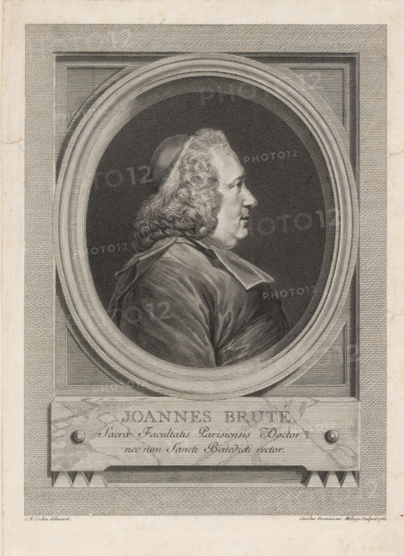 Joannes Bruté, Portrait of Jean Bruté, print, album page, Print is part of an album., printmaker: Carlo Domenico Melini, after drawing by Charles Nicolas Cochin (II), 1760, paper, engraving, etching, etching and engraving, pasted on album page, height 275 mm x width 198 mm, Person, Jean Bruté, historical persons, A detailed engraved portrait shows a man in profile facing right inside an oval frame set within a rectangular architectural border. He has curled hair at the sides and back, a smooth forehead, and a cap on top of his head. He wears a heavy draped garment with visible folds and a broad collar. The oval frame has concentric decorative bands and is surrounded by finely hatched background shading. The rectangular border has patterned engraved textures and corner details. Below the oval is a plaque with decorative fasteners on each side and a patterned lower edge. The image is monochrome with fine line work and subtle variations in shading.
