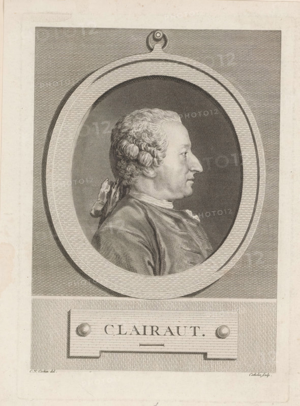 Clairaut, Portrait of Alexis-Claude Clairaut, print, album page, Print is part of an album., printmaker: Louis Jacques Cathelin, after drawing by Charles Nicolas Cochin (II), 1755 - 1804, paper, engraving, etching, etching and engraving, pasted on album page, height 270 mm x width 190 mm, Person, Alexis-Claude Clairaut, historical persons, A detailed engraved profile portrait of a man facing to the right, shown inside an oval frame with a decorative hanging element at its top, the man wearing a tied hair ribbon and a draped garment, rendered with fine crosshatching against a textured oval background and surrounded by a patterned rectangular field with a rectangular plaque below the frame.
