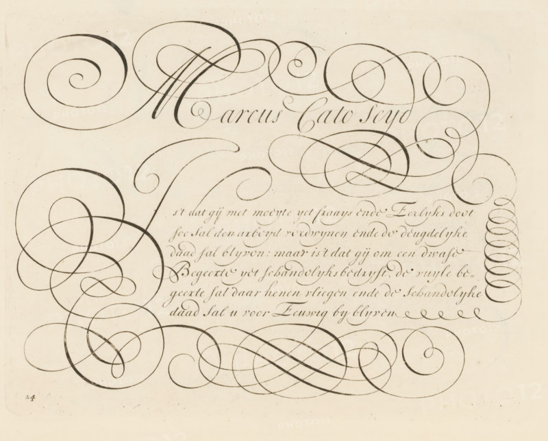 Writing example: Marcus Cato Seyd, print, album page, ornamental print, Series number, 24, printmaker: Bastiaan Boers, printmaker: Maarten Boers, 1660 - 1751, paper, engraving, gravure, height 163 mm x width 210 mm, calligraphy, A sheet of aged paper filled with elaborate dark ink calligraphic flourishes and sweeping spirals, with a central horizontal band of fine cursive script surrounded by large looping ornamental strokes, and a vertical column of tight coil-like loops along the right edge, all rendered in varying line thicknesses on a light background.