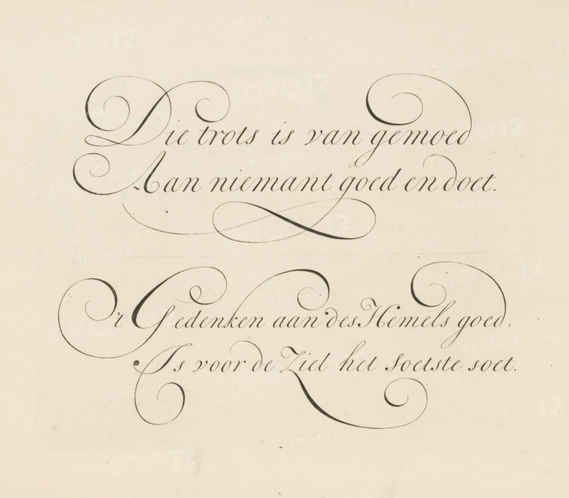 Writing example: That pride is of mind, print, album page, ornamental print, printmaker: Bastiaan Boers, printmaker: Maarten Boers, 1660 - 1751, paper, engraving, gravure, height 163 mm x width 209 mm, calligraphy, Cream-colored paper with ornate dark gray calligraphic swirls and flourishes arranged in horizontal bands, featuring elegant looping strokes and thin hairline curves that form decorative shapes across the upper and middle areas, with faint speckles and minor smudges on the paper surface and a large empty expanse toward the lower portion.