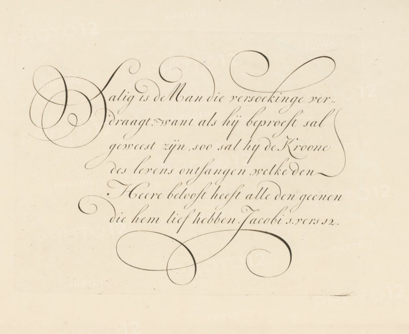 Writing example: Blessed is the Man, print, album page, ornamental print, printmaker: Bastiaan Boers, printmaker: Maarten Boers, 1660 - 1751, paper, engraving, gravure, height 159 mm x width 209 mm, calligraphy, A pale cream sheet with dark flowing calligraphic strokes forming large decorative loops and elegant cursive lines across the upper and middle area, with thin, precise inked flourishes and wide sweeping curves extending toward the edges, and a large ornamental loop near the lower center; faint paper texture and tiny specks are visible across the background.