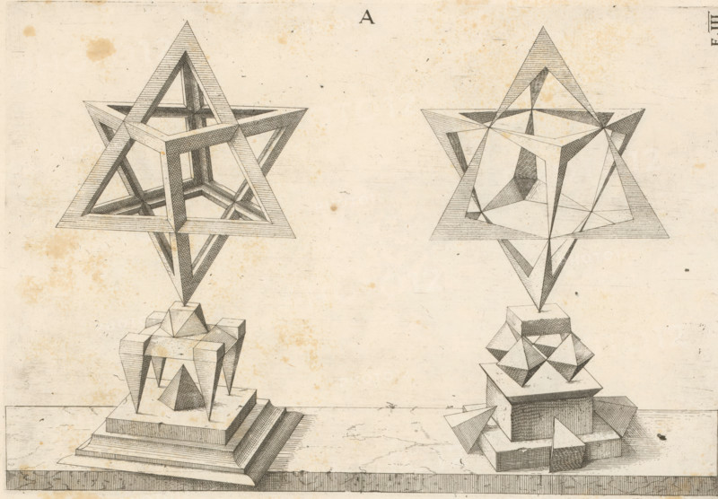 Two polyhedra with a tetrahedron as a starting point, print, book illustration, page, The geometric figures (polyhedra) become more complex from left to right. Labeled as 'A' and numbered: E.III. This print is part of a book., printmaker: Jost Amman, after design by Wenzel Jamnitzer, Nuremberg, 1568, Bavaria, paper, etching, height 260 mm x width 177 mm, A sepia-toned drawing shows two geometric star-shaped structures each balanced on stacked blocky pedestals, with the left structure more solidly shaded and the right structure composed of thinner intersecting planes; both stars have triangular points and internal interlocking forms, and both pedestals consist of stepped platforms and angular blocks with hatched shading, all set on a horizontal base line and surrounded by speckled paper texture and small stains.