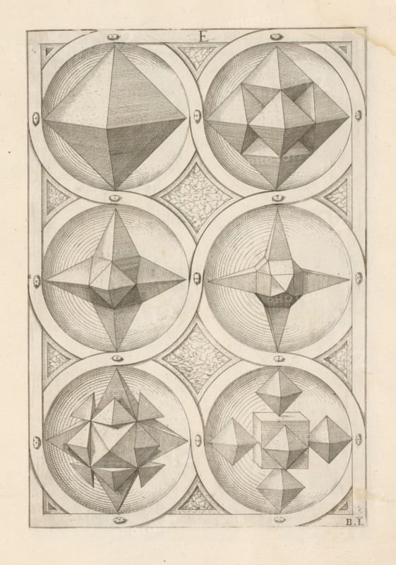 Six polyhedra with an octahedron as a starting point, print, book illustration, page, The geometric figures (polyhedra) become more complex from top to bottom. Numbered bottom right: BI This print is part of a book., printmaker: Jost Amman, after design by Wenzel Jamnitzer, Nuremberg, 1568, Bavaria, paper, etching, height 254 mm x width 171 mm, A vertical sheet with a repeating grid of circular frames containing geometric, faceted polyhedral forms rendered in fine engraved lines, each circle showing a different three-dimensional shape composed of triangular and polygonal planes shaded with parallel hatch strokes, the circles arranged in pairs separated by diamond-shaped panels filled with organic, cloud-like engraving, a thin rectangular border around the whole composition with small circular decorative elements at the intersections, and faint paper discoloration along the outer edge.