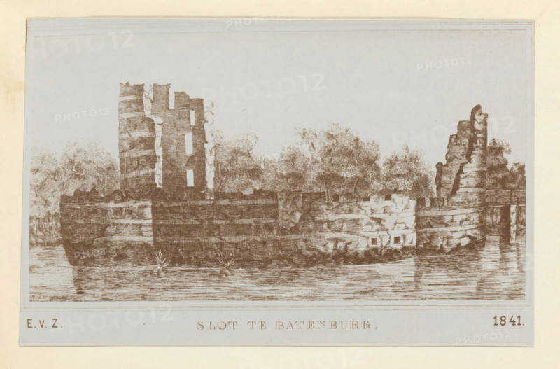 Batenburg Castle, Photographic reproduction of a print of the ruins of Batenburg Castle, photograph, reproduction, page, photographer: Benjamin Charlé (possibly), after print by anonymous, c. 1903 - in or before 1908, after print by, paper, pasteboard, baryta paper, daylight collodion silver print, height 150 mm x width 195 mm, ruin of a dwelling, house, castle, Batenburg, A sepia-toned etching shows a ruined stone castle beside a body of water, with tall broken towers and jagged walls reflected in the water below. Trees and foliage rise behind and between the crumbling masonry, and the foreground water has horizontal etched lines indicating ripples. The image is framed by a pale border and mounted on a lighter background.