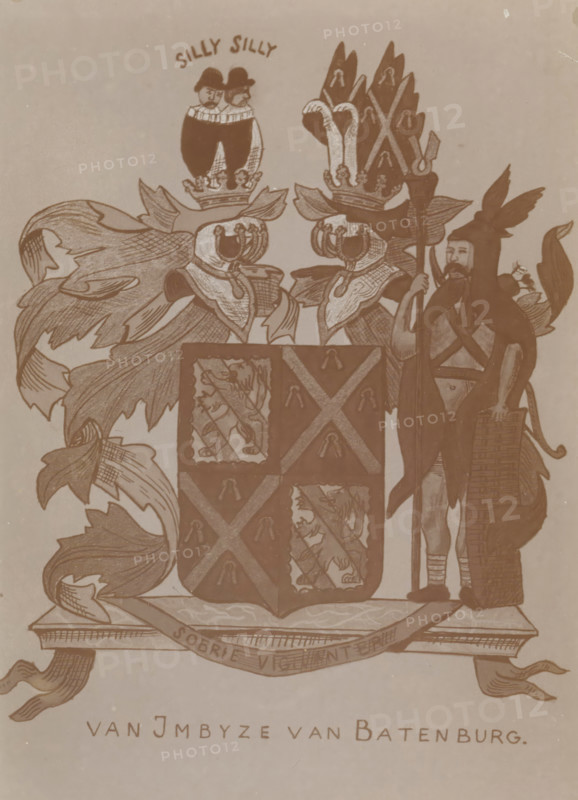 Photo reproduction of a drawing of the coat of arms of Imbijze van Batenburg, photograph, reproduction, page, photographer: Benjamin Charlé (possibly), after drawing by anonymous, c. 1903 - in or before 1908, paper, pasteboard, baryta paper, daylight collodion silver print, height 150 mm x width 195 mm, armorial bearing, heraldry, The image shows a sepia-toned heraldic illustration featuring a large shield divided into patterned quarters with animal figures and diagonal bands, flanked by ornate leafy mantling. Above the shield are two crests each topped with coronets and stylized helmets; one crest includes paired birdlike heads with flowing plumage and the other displays tall feathered plumes. To the right of the shield stands a human figure wearing a feathered headdress and holding a long staff, with a woven rectangular object by their side. Decorative ribbons and scrollwork form a base beneath the shield.
