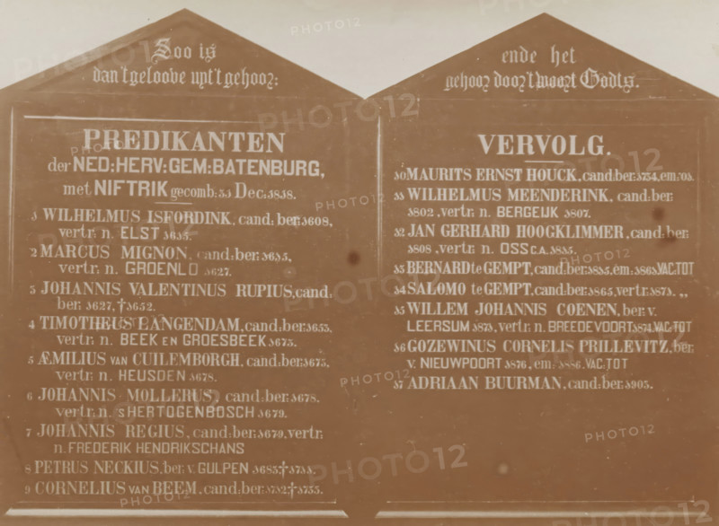 Plate with names of former ministers from Batenburg, photograph, page, photographer: Benjamin Charlé (possibly), c. 1903 - in or before 1908, paper, pasteboard, baryta paper, daylight collodion silver print, height 150 mm x width 195 mm, organization, functionaries and dignitaries in Roman Catholic church, clergy in general, A close-up view of two adjacent vertical panels with peaked tops mounted side by side, each panel filled with rows of light-colored lettering against a darker background; the left panel shows a large bold heading near the top and multiple lines of smaller text below, while the right panel displays a separate bold heading and corresponding lines of smaller text; both panels have thin rectangular borders and visible wear marks and spots on their surfaces, with the peaked tops showing decorative script and the overall image rendered in a sepia tone.