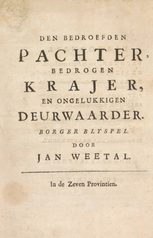 Title page of: Jan Weetal, Den Bedroefden Pachter, 1748, print, title page, bedrogen krajer, en helaasen deurwaarder. Burger Blyspel, by Jan Weetal, 1748. Title with allegorical vignette of a helmet in which an owl sits, flanked by two rabbits, on the left a putto with a pig's bladder with peas, at the bottom the motto: Schrik Niet., printmaker, after drawing by, publisher, Harderwijk, Northern Netherlands, paper, etching, engraving, letterpress printing, engraving and book printing, height 64 mm x width 83 mm, height 210 mm x width 160 mm, owls, rodents: rabbit, bladder with peas, children's games, Pachtersoproer (1747-1750), Amsterdam, Period, A vertically oriented aged paper page with printed dark serif text arranged in centered lines, showing letterpress impressions and uneven ink density, with a horizontal ruled line across the middle and areas of light foxing and stains, the paper surface exhibiting a warm beige tone, slight creases, and subtle texture variations.
