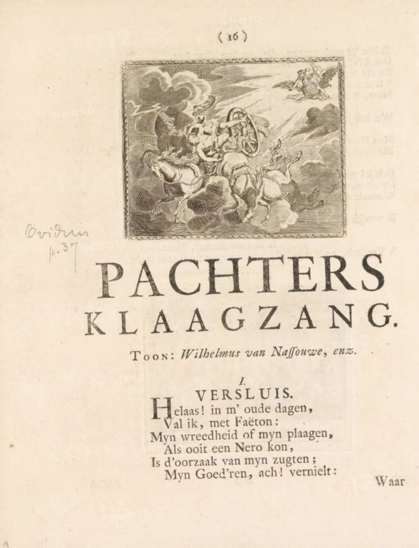 Fall of Phaethon, print, book illustration, The Fall of Phaethon's Sun Chariot. Illustration on p. 16, the Tenant's Lament, part of: The Grieving Tenant by Jan Weetal about the Tenant Uprising in 1748., printmaker, publisher, Harderwijk, Northern Netherlands, paper, etching, engraving, letterpress printing, engraving and book printing, height 66 mm x width 82 mm, height 210 mm x width 160 mm, he is struck by a thunderbolt of Jupiter, Tenant Uprising (1747-1750), Amsterdam, Period, 1748, A faded printed page with a rectangular engraved illustration near the top showing a chariot driven by a figure drawn by horses amid swirling clouds and a small winged figure in the sky, surrounded by a decorative border; beneath the illustration is a large bold word in capital letters and additional printed lines of text in a serif typeface arranged in centered blocks, with a handwritten note in pencil at the left margin and small printed type near the bottom.