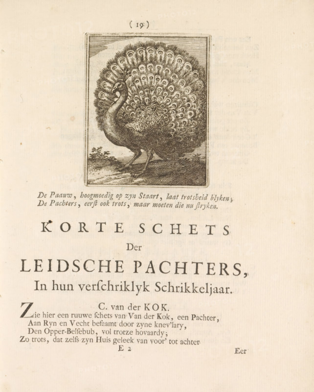 Peacock, print, book illustration, A peacock with ruffled tail feathers. Accompanying a two-line verse. Illustration on p. 19: Short Sketch of the Leiden Tenants, part of: The Grieving Tenant by Jan Weetal about the Tenant Uprising in 1748., printmaker, publisher, Harderwijk, Northern Netherlands, paper, etching, letterpress printing, etching with text in letterpress, height 77 mm x width 63 mm, height 210 mm x width 160 mm, Tenant Uprising (1747-1750), Amsterdam, Period, 1748, A rectangular engraved image of a peacock with its tail fully fanned fills the upper center, showing detailed feathers with eye-like patterns and a curved neck, perched on a ground with small plants; the engraving is bordered by a thin rectangular frame and sits on a cream-colored page with printed type below and around it.