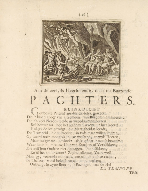 Charon's Boat, print, book illustration, Arrival of Charon's boat in the underworld. Illustration for the Rhyming Poem to the Tenants on p. 26, part of: The Grieving Tenant by Jan Weetal about the Tenant Uprising in 1748., printmaker, publisher, Harderwijk, Northern Netherlands, paper, etching, engraving, letterpress printing, engraving and book printing, height 69 mm x width 85 mm, height 210 mm x width 160 mm, Charon, the ferryman, Tenant Uprising (1747-1750), Amsterdam, Period, 1748, A rectangular framed engraving near the top center depicts a scene with a small boat in the foreground carrying robed figures and a standing oarsman holding a pole, waves shown beneath the boat, to the right a rocky shore where three seated crowned figures draped in robes face the boat, behind them rising rock formations and shadowed textures, above and behind the boat swirling flame-like shapes and winged cherub-like figures in motion, the engraving is surrounded by a blank margin and sits above a larg...