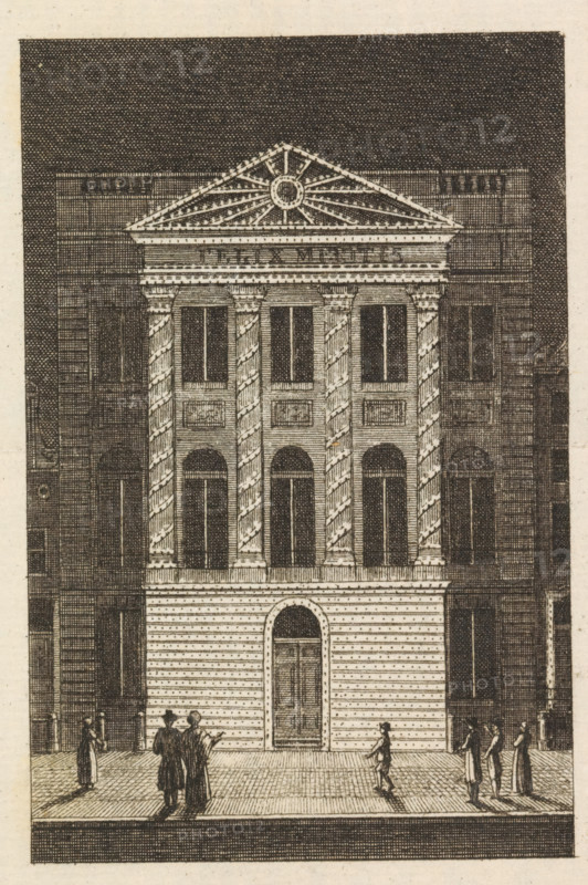 Illumination of Felix Meritis, 1816, print, The facade of Felix Meritis illuminated on the occasion of the entry of the Prince and Princess of Orange into Amsterdam, September 19, 1816. Belongs to the four illustrations in the Dutch Orange Almanac for 1817., printmaker, publisher, Amsterdam, Netherlands, paper, etching, engraving, height 150 mm x width 95 mm, Person, Anna Paulowna Romanowa, William II of the Netherlands, decoration and illumination of streets, squares, etc. (, triumphal entry, etc.) (illumination, fire-works, festive activities), Felix Meritis, Period, 1816-09-19, A tall, classical building facade with a triangular pediment and decorative circular motif at its center sits against a dark background, featuring three vertical columns with twisted fluting framing arched and rectangular windows, a large central doorway with an arched surround on the lower level, horizontal banding on the ground floor, and rectangular panels beneath the upper windows; small groups of people ...