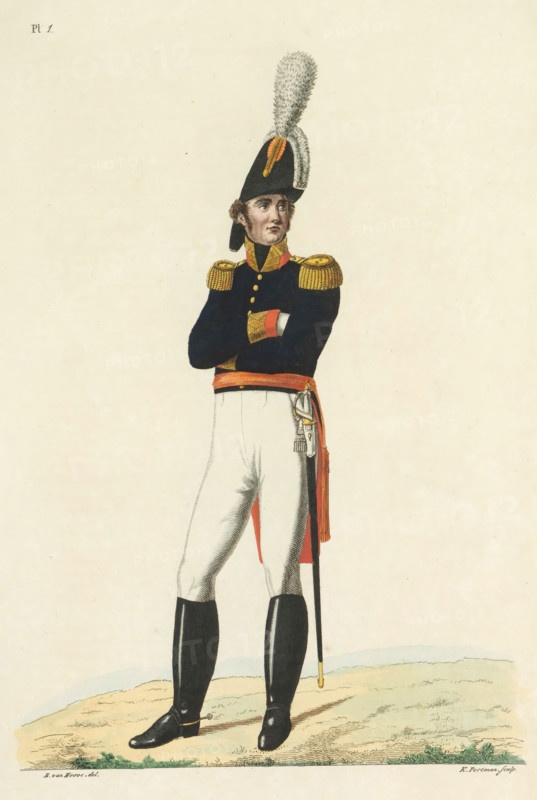 Major General, in formal attire, print, A Dutch Major General in formal attire. Plate 1. Uniform representation in 'Description of the Royal Dutch Troops' by JF Teupken, 1823., printmaker: K. Portman, Netherlands, after drawing by Bartholomeus Johannes van Hove, publisher: Jan Frederik Teupken, publisher: Gebroeders van Cleef, printer (person): Giunta d'Albani, Gebroeders, The Hague, 1823, K. Portman, Bartholomeus Johannes van Hove, Jan Frederik Teupken, Gebroeders van Cleef, Giunta d'Albani, printer (person), paper, etching, engraving, hand coloring, etching and engraving, hand colored, height 300 mm x width 205 mm, (military) uniforms, uniform, Period, 1820 - 1823, A full-length color illustration of a man standing on a grassy, sandy ground wearing a dark military coat with gold epaulettes and buttons, light trousers, and tall black boots; he has his arms crossed, a sword hanging at his side from a red sash, and a tall dark bicorne hat adorned with a large white plume and a small col...