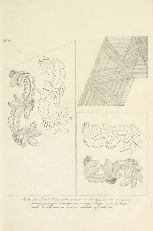 Balloon of the uniform of the HH Generals, and embroidered loops of the uniform of the Officers of the General Staff, print, The braid applied to the collar of the uniform of the Dutch generals and the embroidered loops applied to the uniforms of the officers of the General Staff. Plate 10. Uniform representation in 'Description of the Royal Netherlands troops' by JF Teupken, 1823., printmaker, publisher, printer (person), Netherlands, The Hague, paper, etching, engraving, etching and engraving, height 300 mm x width 205 mm, (military) uniforms, uniform, General Staff, Period, 1820 - 1823, A pale sheet with multiple outlined designs arranged on it, including a large angular outlined area on the left containing two curved leafy motifs composed of smooth rounded petal shapes and some with inner textured hatching, a rectangular framed panel on the right lower quarter containing two separate leafy wreath-like designs with one pair of smooth rounded leaves above and a more densely hatched c...