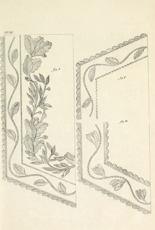 Embroidery of the uniform of the Officers of the Military Administration, print, Embroidered decorations for the uniforms of Dutch officers of the military administration. Plate 11. Uniform representation in 'Description of the Royal Netherlands troops' by JF Teupken, 1823., printmaker, publisher, printer (person), Netherlands, The Hague, paper, etching, engraving, etching and engraving, height 300 mm x width 205 mm, (military) uniforms, uniform, military administration, Period, 1820 - 1823, A pale sheet with delicate dark line drawings of ornamental corner borders showing flowing leafy vines and scalloped edging, with one larger rectangular corner filled with detailed acorn-like buds and layered leaves and a twisted rope-like inner border, and a narrower adjacent corner showing similar wavy vines and paired leaves along a scalloped outer edge, all rendered in fine hatching and contour lines on an off-white background.