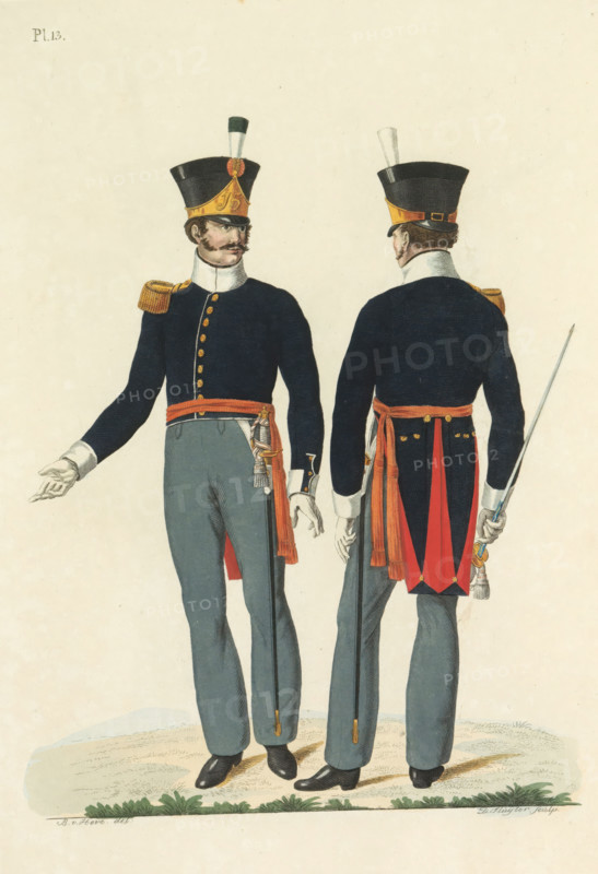 Captain of the Flankeurs, and Lieutenant of the National Infantry, print, A Dutch captain and lieutenant of the flankers of the 15th Regiment of the National Infantry, seen from the front and from the back. Plate 13. Uniform representation in 'Description of the Royal Dutch Troops' by JF Teupken, 1823., printmaker: Dirk Sluyter, Netherlands, after drawing by Bartholomeus Johannes van Hove, publisher: Jan Frederik Teupken, publisher: Gebroeders van Cleef, printer (person): Giunta d'Albani, Gebroeders, The Hague, 1823, Dirk Sluyter, Bartholomeus Johannes van Hove, Jan Frederik Teupken, Gebroeders van Cleef, Giunta d'Albani, printer (person), paper, etching, engraving, hand coloring, etching and engraving, hand colored, height 300 mm x width 205 mm, (military) uniforms, uniform, infantry, flankeurs, Period, 1820 - 1823, Two men in dark blue military coats and light blue trousers stand on grass, shown from front and back; both wear tall black hats with gold bands and white plumes, white hi...