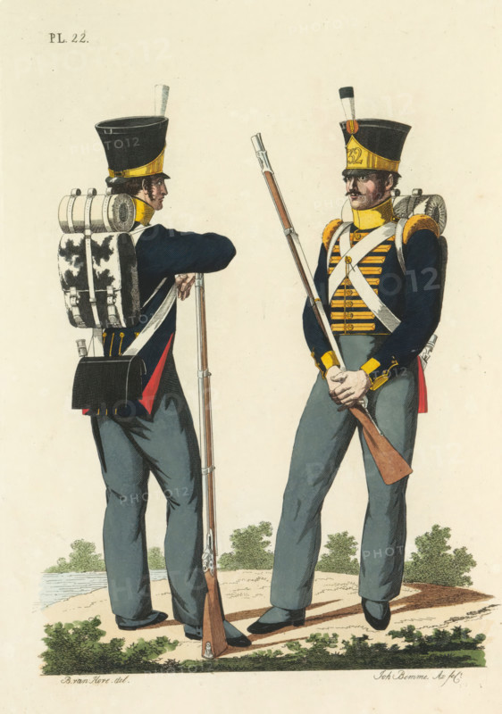 Flanker and Fusilier of the Swiss Regiment No. 32, print, A flanker and fusilier of the Swiss Regiment No. 32. Plate 22. Uniform representation in 'Description of the Royal Netherlands troops' by JF Teupken, 1823., printmaker: Joannes Bemme, Netherlands, after drawing by Bartholomeus Johannes van Hove, publisher: Jan Frederik Teupken, publisher: Gebroeders van Cleef, printer (person): Giunta d'Albani, Gebroeders, The Hague, 1823, Joannes Bemme, Bartholomeus Johannes van Hove, Jan Frederik Teupken, Gebroeders van Cleef, Giunta d'Albani, printer (person), paper, etching, engraving, hand coloring, etching and engraving, hand colored, height 300 mm x width 205 mm, (military) uniforms, uniform, infantry, flankers, fusiliers, Period, 1820 - 1823, Two uniformed soldiers standing on a grassy patch by a body of water, both wearing tall black hats with yellow bands and white plumes, dark blue jackets with yellow trim and shoulder epaulettes, white crossbelts across their chests, grey trousers, a...