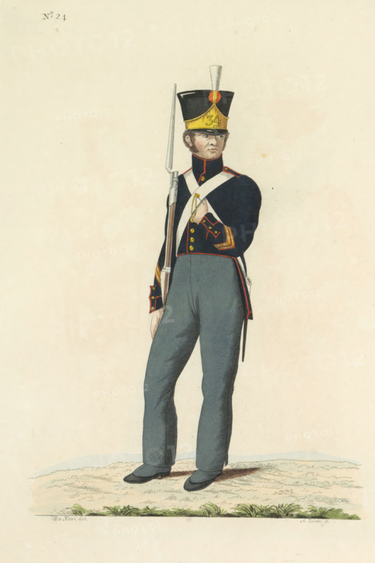Fuselier of the Garrison Battalion, print, A Dutch fusilier of Garrison Battalion No. 34. Plate 24. Uniform representation in 'Description of the Royal Netherlands Troops' by JF Teupken, 1823., printmaker: Antoni Zürcher, Netherlands, after drawing by Bartholomeus Johannes van Hove, publisher: Jan Frederik Teupken, publisher: Gebroeders van Cleef, printer (person): Giunta d'Albani, Gebroeders, The Hague, 1823, Antoni Zürcher, Bartholomeus Johannes van Hove, Jan Frederik Teupken, Gebroeders van Cleef, Giunta d'Albani, printer (person), paper, etching, engraving, hand coloring, etching and engraving, hand colored, height 300 mm x width 205 mm, (military) uniforms, uniform, fusiliers, Period, 1820 - 1823, A full-length colored illustration of a standing soldier facing slightly to the side, wearing a dark jacket with red trim and decorative cuff details, light-colored crossbelts over the chest, and dark trousers; he holds a long musket with a bayonet upright beside him, one gloved hand res...