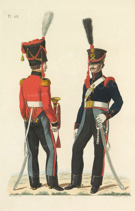 Gunner and Trumpeter, on foot, Mounted Artillery, print, A Dutch gunner and a trumpeter of the mounted artillery. Plate 28. Uniform representation in 'Description of the Royal Dutch Troops' by JF Teupken, 1823., printmaker: Dirk Sluyter, Netherlands, after drawing by Bartholomeus Johannes van Hove, publisher: Jan Frederik Teupken, publisher: Gebroeders van Cleef, printer (person): Giunta d'Albani, Gebroeders, The Hague, 1823, Dirk Sluyter, Bartholomeus Johannes van Hove, Jan Frederik Teupken, Gebroeders van Cleef, Giunta d'Albani, printer (person), paper, etching, engraving, hand coloring, etching and engraving, hand colored, height 300 mm x width 205 mm, (military) uniforms, uniform, driving artillery, Period, 1820 - 1823, Two men stand facing away from each other, both wearing tall black hats topped with long plumes, with red and gold decorative cords and tassels. The figure on the left is shown from the back and slightly in profile, wearing a red jacket with gold epaulettes, a white...