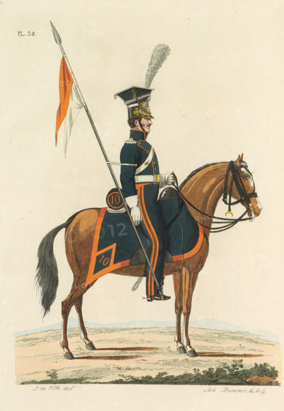 Lancer, on horseback, in full dress, print, A Dutch lancer of the 10th Lancer Regiment, on horseback in full dress. Plate 38. Uniform representation in 'Description of the Royal Dutch Troops' by JF Teupken, 1823., printmaker: Joannes Bemme, Netherlands, after drawing by J. en VH, publisher: Jan Frederik Teupken, publisher: Gebroeders van Cleef, printer (person): Giunta d'Albani, Gebroeders, The Hague, 1823, Joannes Bemme, J. en VH, Jan Frederik Teupken, Gebroeders van Cleef, Giunta d'Albani, printer (person), J. and VH, paper, etching, engraving, hand coloring, etching and engraving, hand colored, height 300 mm x width 205 mm, (military) uniforms, uniform, lancers, Period, 1820 - 1823, A mounted soldier in a dark blue uniform with orange trim sits upright on a brown horse; he wears white gloves, a tall dark shako hat with a plume, and light-colored cross belts, and he holds a long spear with a two-toned flag attached near its tip; the horse is outfitted with a dark blue saddlecloth edg...