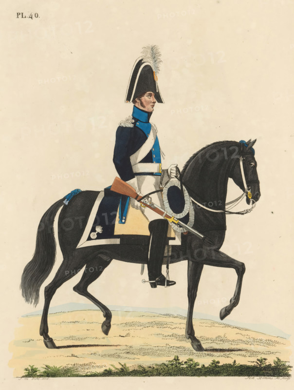 Maréchaussée, on horseback, in full uniform, print, A Dutch Marechaussee in full uniform on horseback. Plate 40. Uniform representation in 'Description of the Royal Dutch Troops' by JF Teupken, 1823., printmaker: Joannes Bemme, Netherlands, after drawing by J. en VH, publisher: Jan Frederik Teupken, publisher: Gebroeders van Cleef, printer (person): Giunta d'Albani, Gebroeders, The Hague, 1823, Joannes Bemme, J. en VH, Jan Frederik Teupken, Gebroeders van Cleef, Giunta d'Albani, printer (person), J. and VH, paper, etching, engraving, hand coloring, etching and engraving, hand colored, height 300 mm x width 205 mm, (military) uniforms, uniform, military police, Period, 1820 - 1823, A side view of a mounted soldier wearing a dark blue uniform with light blue collar and trim, white crossbelt and shoulder straps, and a tall black bicorne hat topped with a white plume, seated on a black horse with a dark mane and tail; the soldier holds a sword and a musket across his lap and wears white gl...
