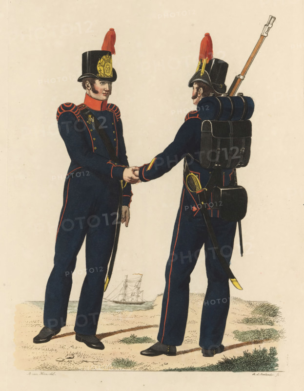 Marines, front and back-to-back, print, Two Dutch marines of the Marine Corps. One marine seen from the front and one marine with a knapsack on his back. A sailing ship in the background. Plate 49. Uniform representation in 'Description of the Royal Dutch Troops' by JF Teupken, 1823., printmaker: Abraham Lion Zeelander, Netherlands, after drawing by Bartholomeus Johannes van Hove, publisher: Jan Frederik Teupken, publisher: Gebroeders van Cleef, printer (person): Giunta d'Albani, Gebroeders, The Hague, 1823, Abraham Lion Zeelander, Bartholomeus Johannes van Hove, Jan Frederik Teupken, Gebroeders van Cleef, Giunta d'Albani, printer (person), paper, etching, engraving, hand coloring, etching and engraving, hand colored, height 300 mm x width 205 mm, (military) uniforms, uniform, Period, 1820 - 1823, Two uniformed men stand facing each other on sandy ground with sparse grass, one shown three-quarter front and the other shown from behind; both wear dark blue coats with red trim and matchin...
