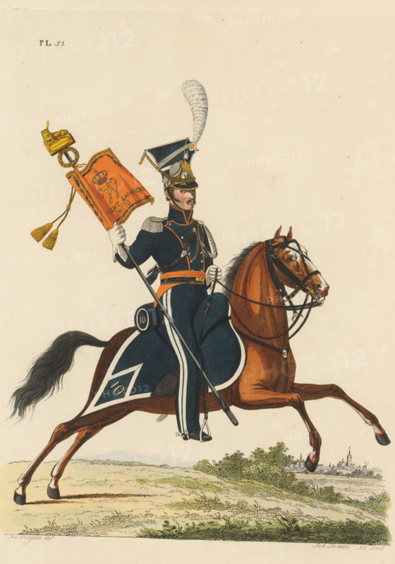 Cornet of the Lancers, in full dress, on horseback, with the Standard, print, A Dutch cornet of the lancers of the Lancer Regiment No. 10 in full dress and with standard, seated on a horse. Plate 51. Uniform representation in 'Description of the Royal Dutch Troops' by JF Teupken, 1823., printmaker: Joannes Bemme, Netherlands, after drawing by Bakhuijzen, publisher: Jan Frederik Teupken, publisher: Gebroeders van Cleef, printer (person): Giunta d'Albani, Gebroeders, The Hague, 1823, Joannes Bemme, Bakhuijzen, Jan Frederik Teupken, Gebroeders van Cleef, Giunta d'Albani, printer (person), paper, etching, engraving, hand coloring, etching and engraving, hand colored, height 300 mm x width 205 mm, (military) uniforms, horn, trumpet, cornet, trombone, tuba, uniform, lancers, Period, 1820 - 1823, A mounted soldier in a dark blue uniform with white and orange trim sits upright on a galloping brown horse; the soldier wears a tall decorative helmet with a white plume and gold detailing, white gl...