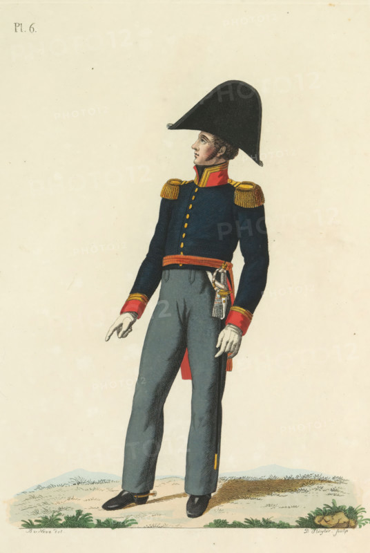 Local Commander, (Colonel), print, A Dutch local commander, colonel. Plate 6. Uniform representation in 'Description of the Royal Dutch Troops' by JF Teupken, 1823., printmaker: Dirk Sluyter, Netherlands, after drawing by Bartholomeus Johannes van Hove, publisher: Jan Frederik Teupken, publisher: Gebroeders van Cleef, printer (person): Giunta d'Albani, Gebroeders, The Hague, 1823, Dirk Sluyter, Bartholomeus Johannes van Hove, Jan Frederik Teupken, Gebroeders van Cleef, Giunta d'Albani, printer (person), paper, etching, engraving, hand coloring, etching and engraving, hand colored, height 300 mm x width 205 mm, (military) uniforms, uniform, Period, 1820 - 1823, A color illustration of a standing uniformed man shown from head to toe on a pale background, wearing a large black bicorne hat, a dark blue double-breasted coat with gold buttons and red collar and cuffs, and gold fringed shoulder epaulettes. He has light-colored gloves, a red sash at the waist with a decorative tassel and sword...