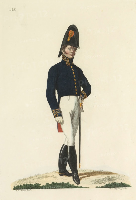 Agent of the Department of War, in gala uniform, print, A Dutch agent of the Department of War, in gala uniform. Plate 7. Uniform representation in 'Description of the Royal Dutch Troops' by JF Teupken, 1823., printmaker: Dirk Sluyter, Netherlands, after drawing by Bartholomeus Johannes van Hove, publisher: Jan Frederik Teupken, publisher: Gebroeders van Cleef, printer (person): Giunta d'Albani, Gebroeders, The Hague, 1823, Dirk Sluyter, Bartholomeus Johannes van Hove, Jan Frederik Teupken, Gebroeders van Cleef, Giunta d'Albani, printer (person), paper, etching, engraving, hand coloring, etching and engraving, hand colored, height 300 mm x width 205 mm, Person, Ministry of War, (military) uniforms, uniform, Period, 1820 - 1823, A full-length color illustration of a man standing on a patch of grass wearing a dark blue military-style coat with a high collar and gold trim and buttons, white trousers tucked into tall black boots, white gloves, and a tall black bicorne hat decorated with a ...